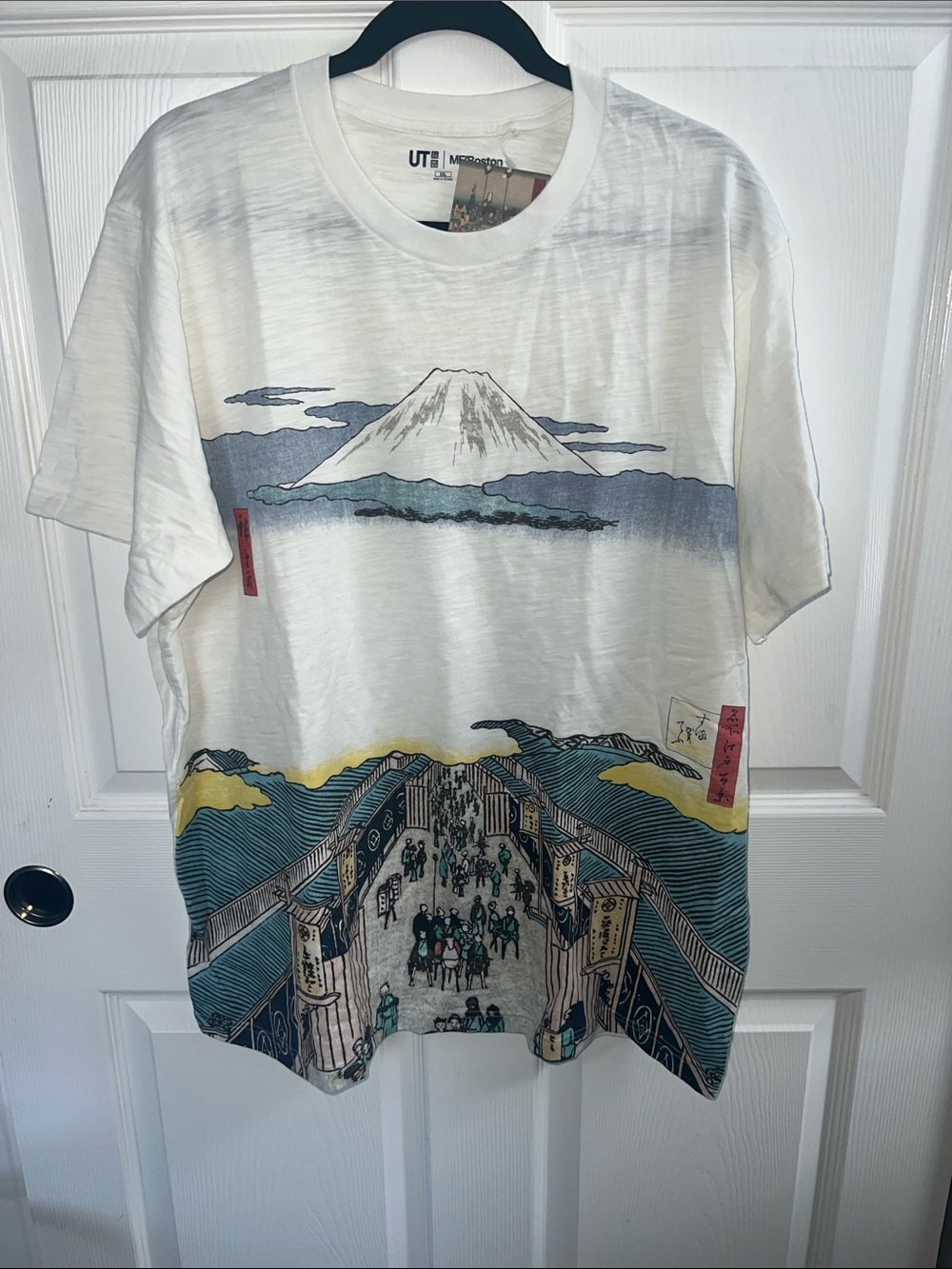 Uniqlo White Mount Fuji Graphic Crewneck Tee with Blue and Yellow Accents